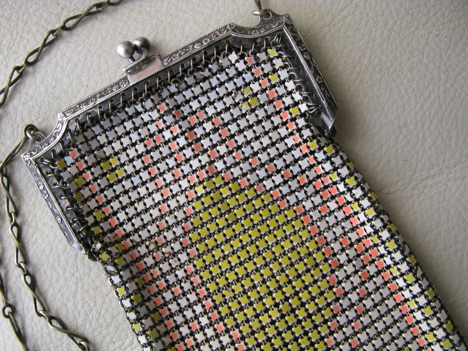 Antique Art Nouveau Deco Silver Frame Yellow Orange Enamel Chain Mail Purse W&D - Image 3 of 4