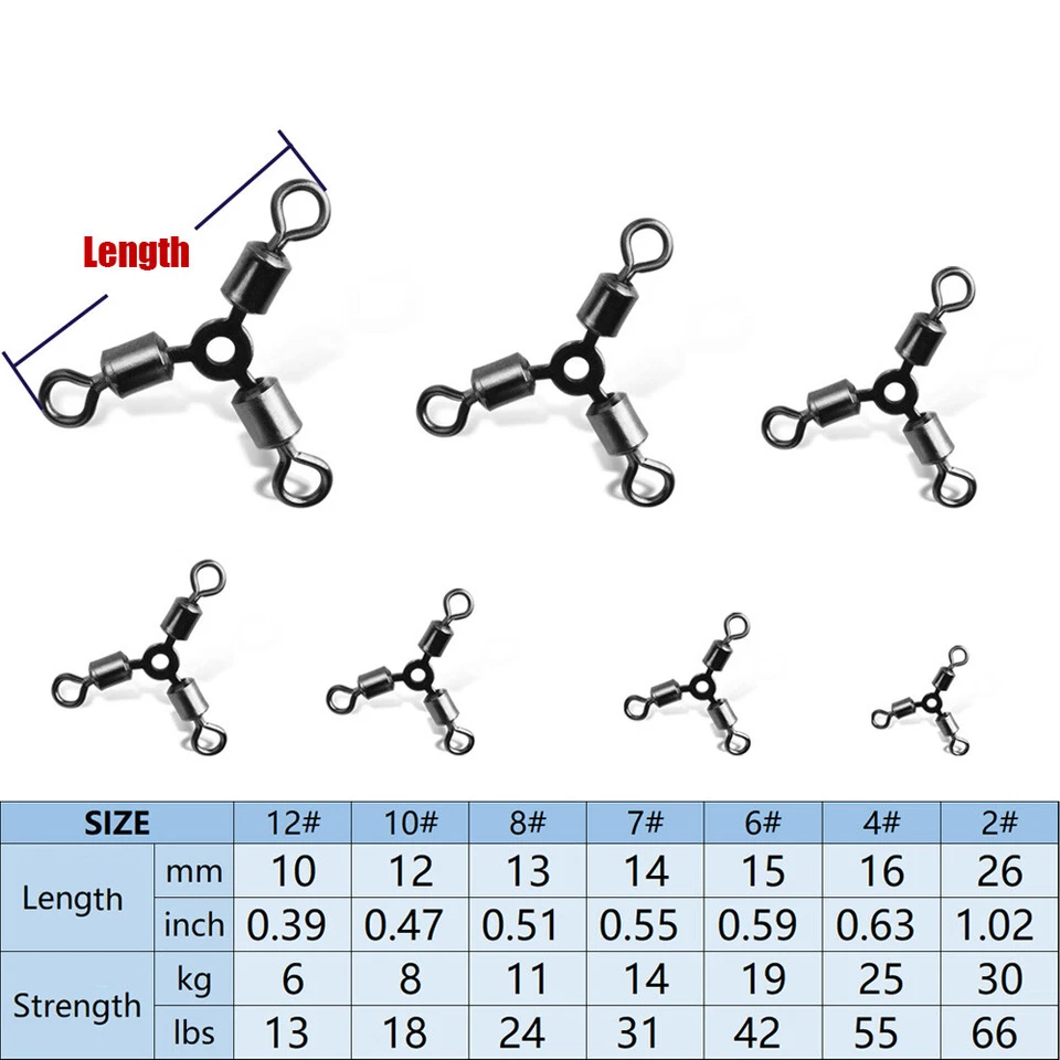 15Pcs 3 Way Swivels Fishing Swivel Saltwater Fishing Line Connector 7 size  - Image 3 of 4