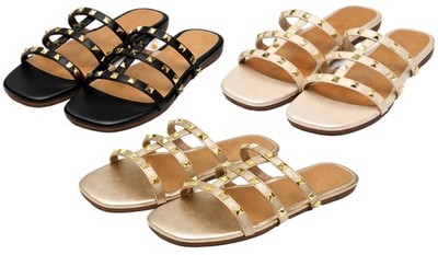 Krush Gladice Studded Flat Slider Sandals Gold Pyramid Studs - Black, Gold & Nude