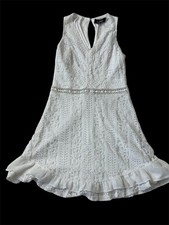 Lulus White Lace Fit & Flare Sleeveless Dress V-Neck Ruffle Beaded Size S