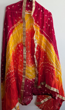 Dupatta Scarf Wrap Stole Bandhani Bandhej Red Yellow Zari Border Soft 78"x40"