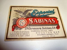 Circa 1930s Sabinas Beer Beer Label Trade Card, Santa Cruz and Houston