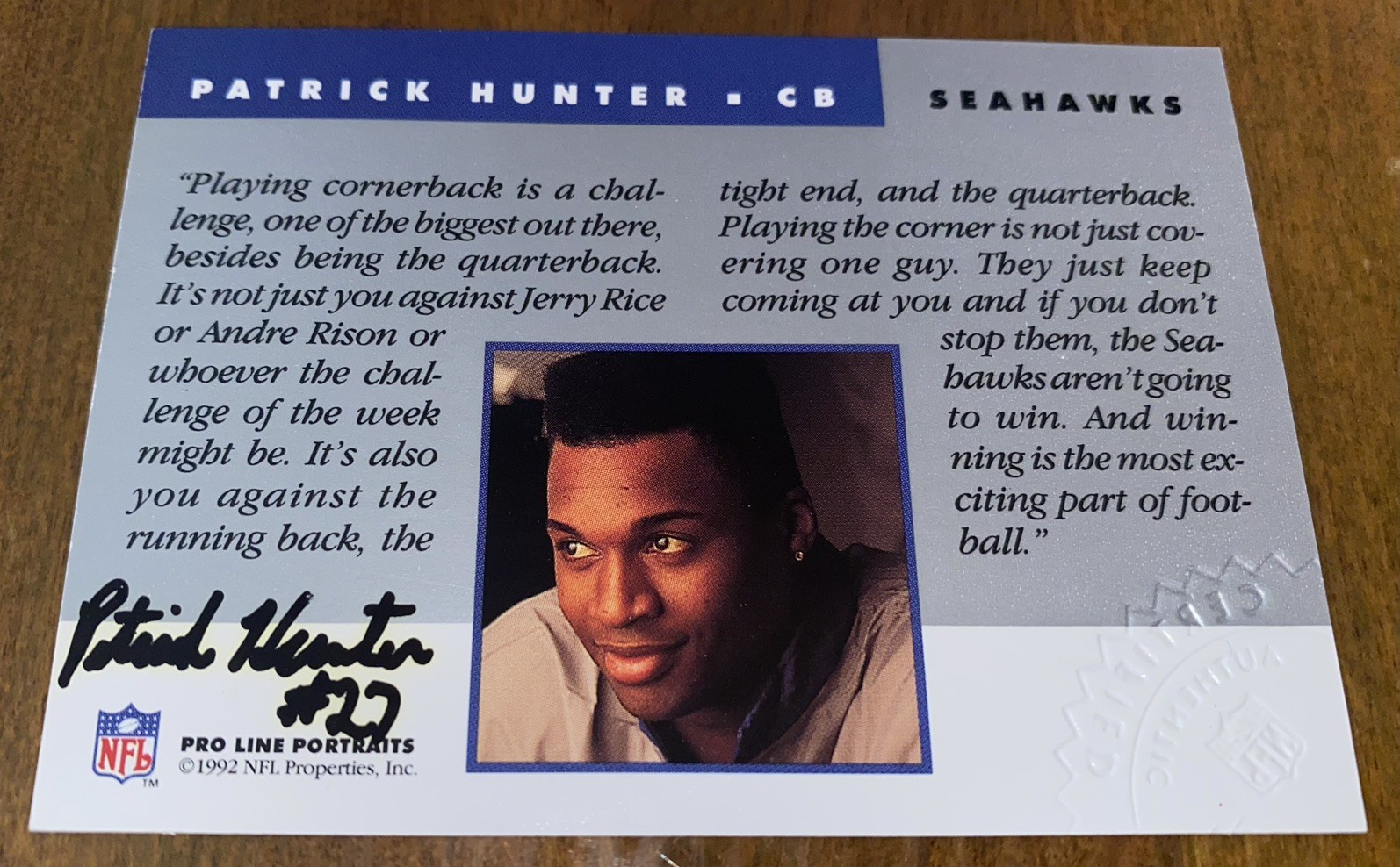 1992 Pro Line Portraits Patrick Hunter Certified Autograph Card Seattle Seahawks