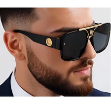 Luxury Oversized Square Sunglasses Gold Medallion Black Frame Men's Fashion 2026
