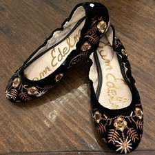 SAM EDELMAN "Farrow" Sz 7US/37EU Black Velvet Floral Embroidered Ballet Flats