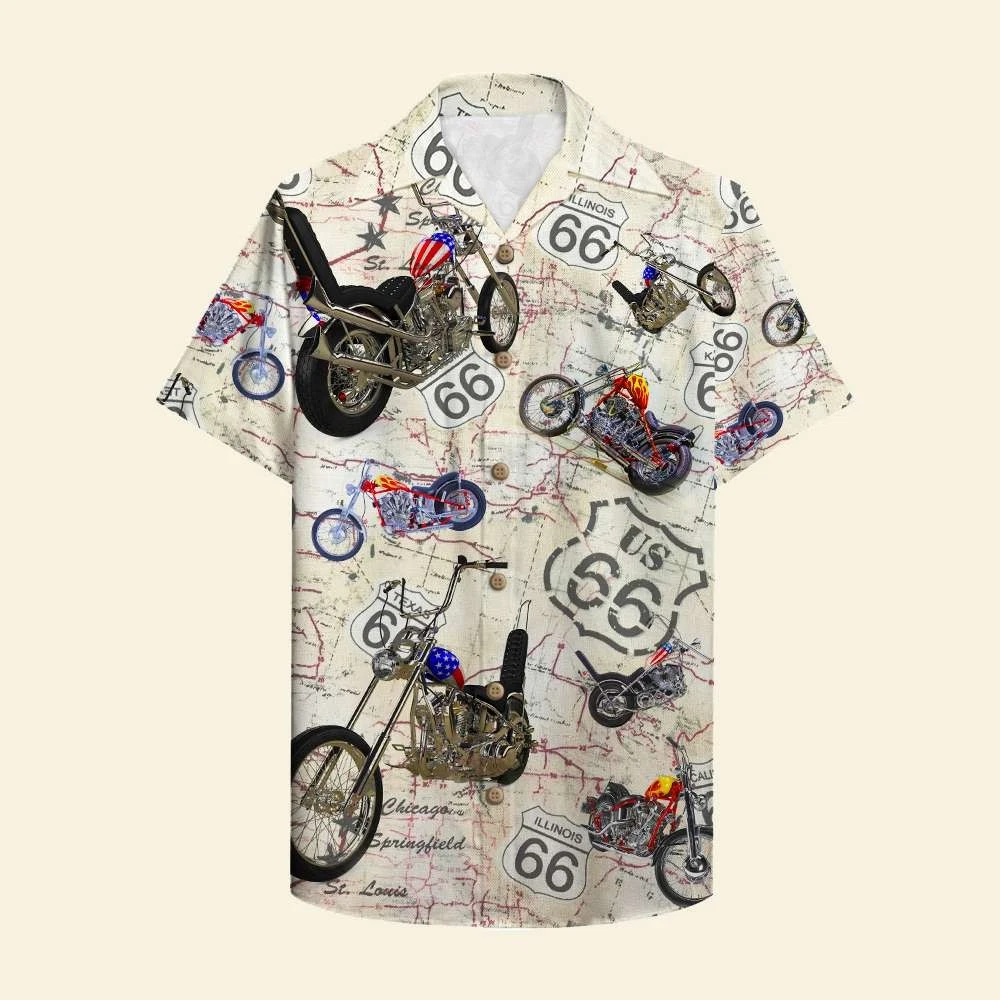Vintage Biker Route 66 Hawaiian Shirt Button Down Chopper Motorcycle Beach Top