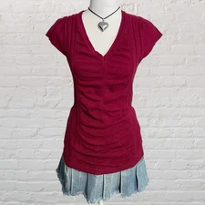 vintage y2k coquette preppy top S ruched ribbed dark red soft grunge v-neck 00s