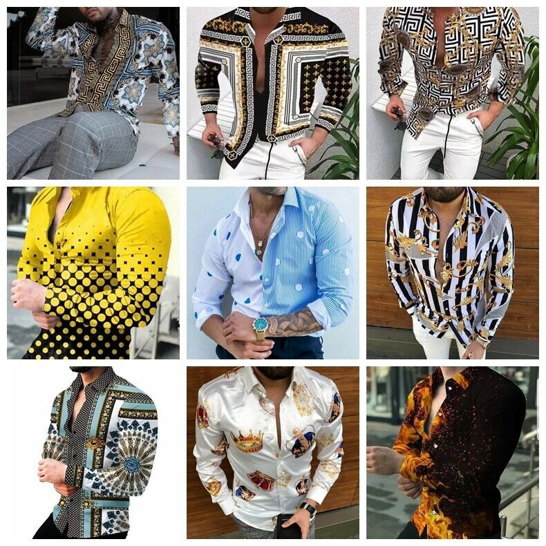 Button Up Shirt Men's Baroque Fashion Casual Party Long Sleeve Tee Classic Dress