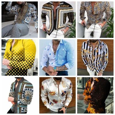 Button Up Shirt Men's Baroque Fashion Casual Party Long Sleeve Tee Classic Dress
