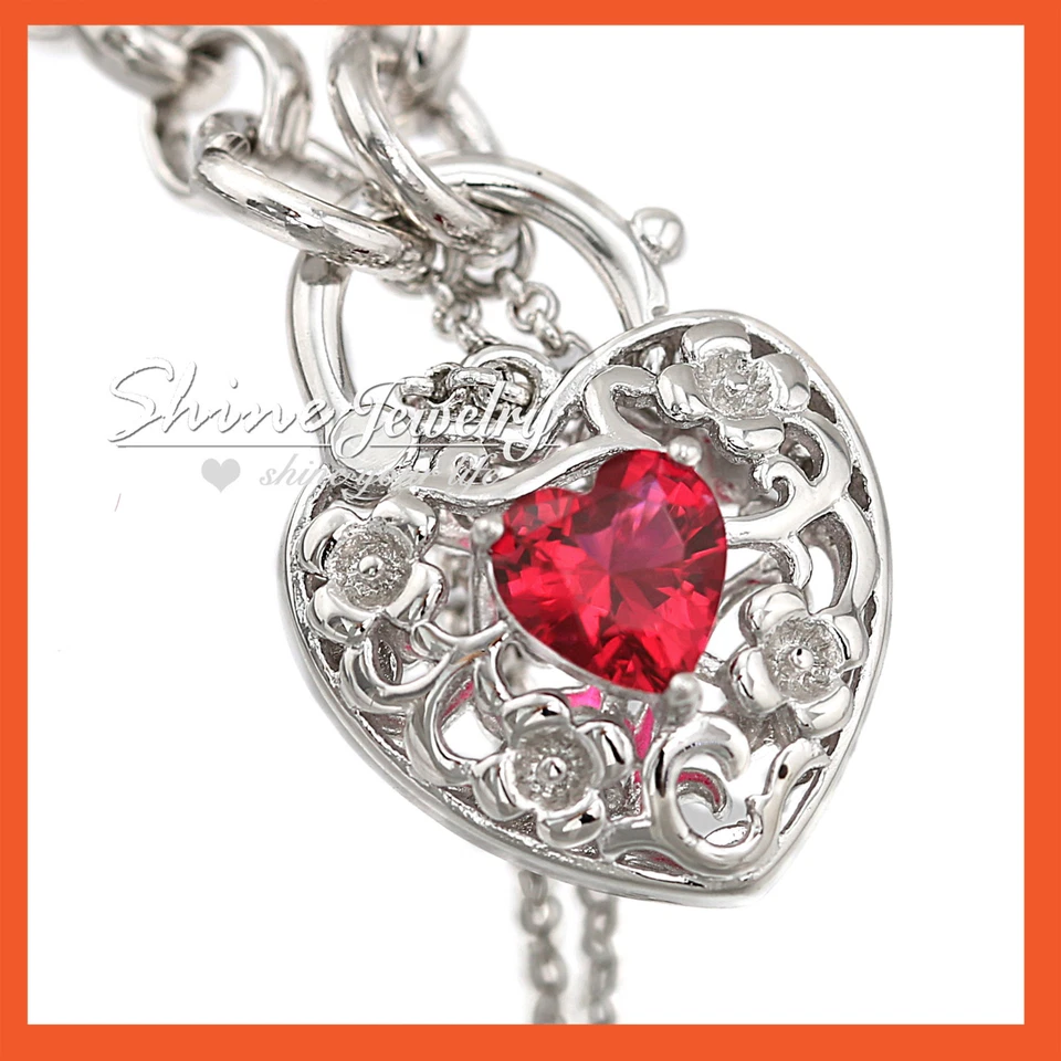 18K WHITE GOLD GF RUBY CRYSTAL HEART PADLOCK BELCHER RINGS CHAIN BANGLE BRACELET Foto 4 de 4