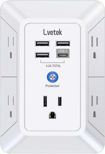5-Outlet Surge Protector Wall Charger with 4 USB Ports 3-Sided 1680J, White