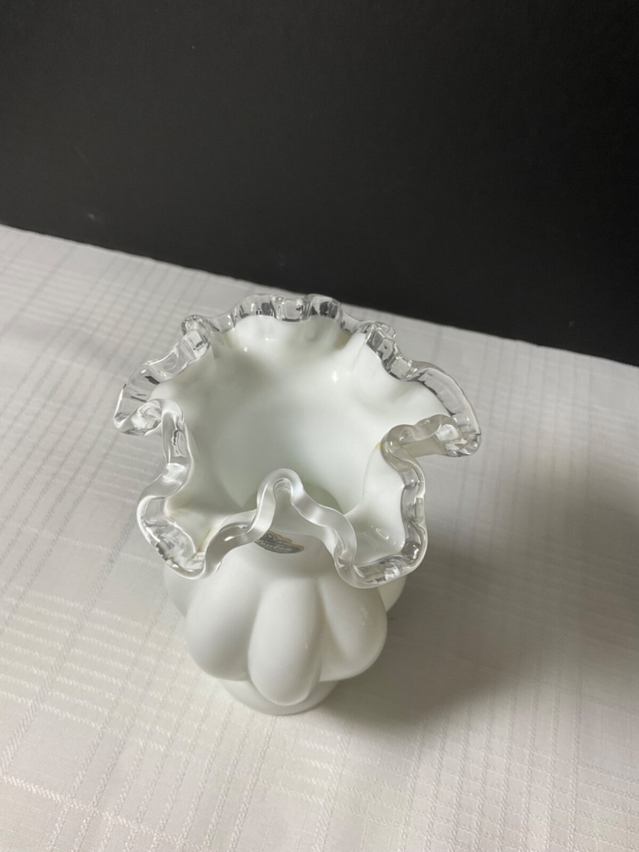 Vintage Fenton Melon Silver Crest White Milk Glass Ruffle Scallop