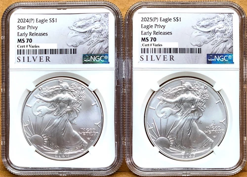 2 coin set 2024 and 2025 p silver eagle with privy ngc ms70 er als