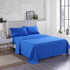 King Queen Size Blue Bed Sheet Set 4 pcs Brea...