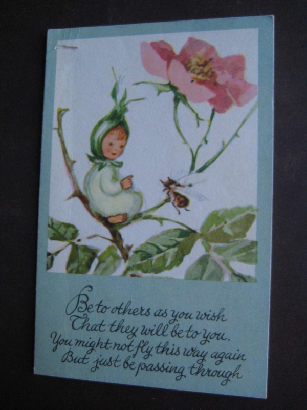 UNSIGNED vintage greeting card Brownie BLANK Flower Bud Fairy & Flower