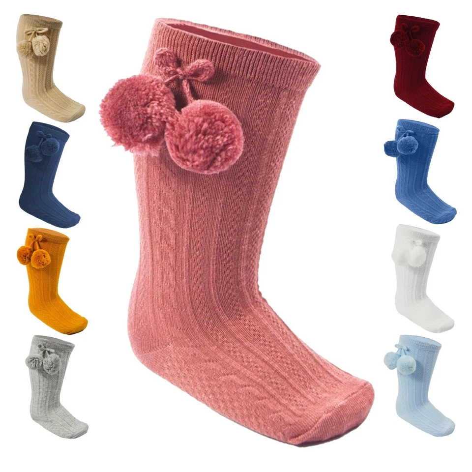 SOFT TOUCH Baby Girls Socks 3/4 Knee High Spanish Style Bobble Ribbon Pom Pom Cotton 0-24 M