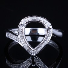 Sterling Silver 10x9mm Pear Cut Semi Mount Natural Diamond Halo Engagement Ring
