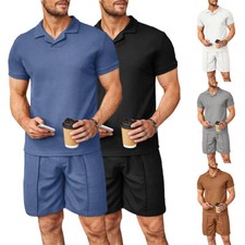 Mens Summer Outfit 2-Piece Set Waffle V-neck Polo T Shirt Shorts Sweatsuit Set