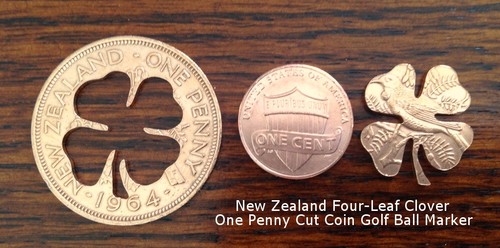 Cut Coin Golf Ball Marker Lucky Four Leaf Clover Good Luck Golfers AU NZ Penny - Picture 10 of 12