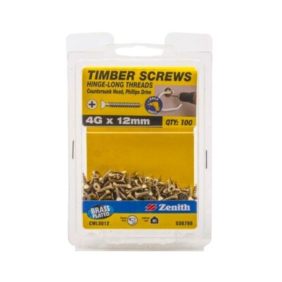 Zenith 4G x 12mm Brass Plated Hinge-Long Thread Timber Screws - 100 Pack