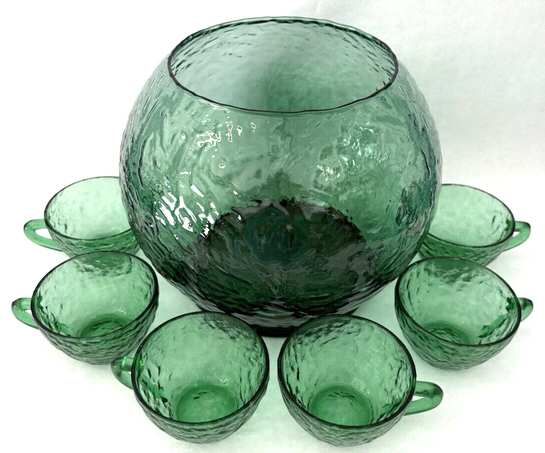 Vintage Teal Green MCM Crinkle Glass Punch Bowl Set with 6 Cups-image