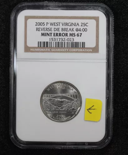 2005-P West Virginia State Quarter Reverse Die Break Error NGC MS67 4Q4E