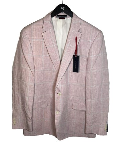 Tommy Hilfiger Leinen Blazer Rosa Blau Windowpane Herren Jacke Gr. 44 Lang "