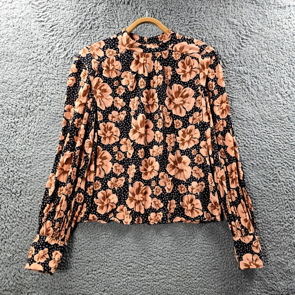 Y.A.S. Womens Blouse Crop Top Size XS Black Beige Floral Long Sleeve High Neck