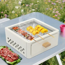 Portable Square Camping Barbecue Grill With Drawer Type Charcoal Brazier White