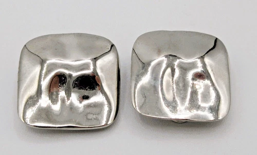 VTG old closure silver tone metal CLIP ON STUD pair 1" Earrings Costume Jewelry