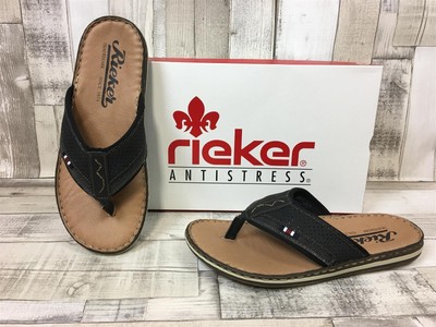 Rieker Herren Zehenstegpantolette schwarz Flipflop Ledersohle gepolstert
