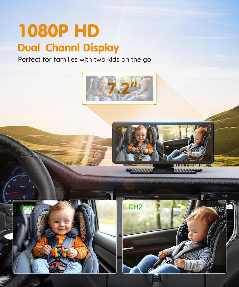 Cámara Coche Bebé BV3 PRO para 2 Niños 7.2" 1080P Pantalla Dividida Monitor Doble Canal Foto 2 de 4