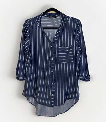Caliente Navy White Stripe Boyfriend Shirt Roll Tab Sleeve Women s XL