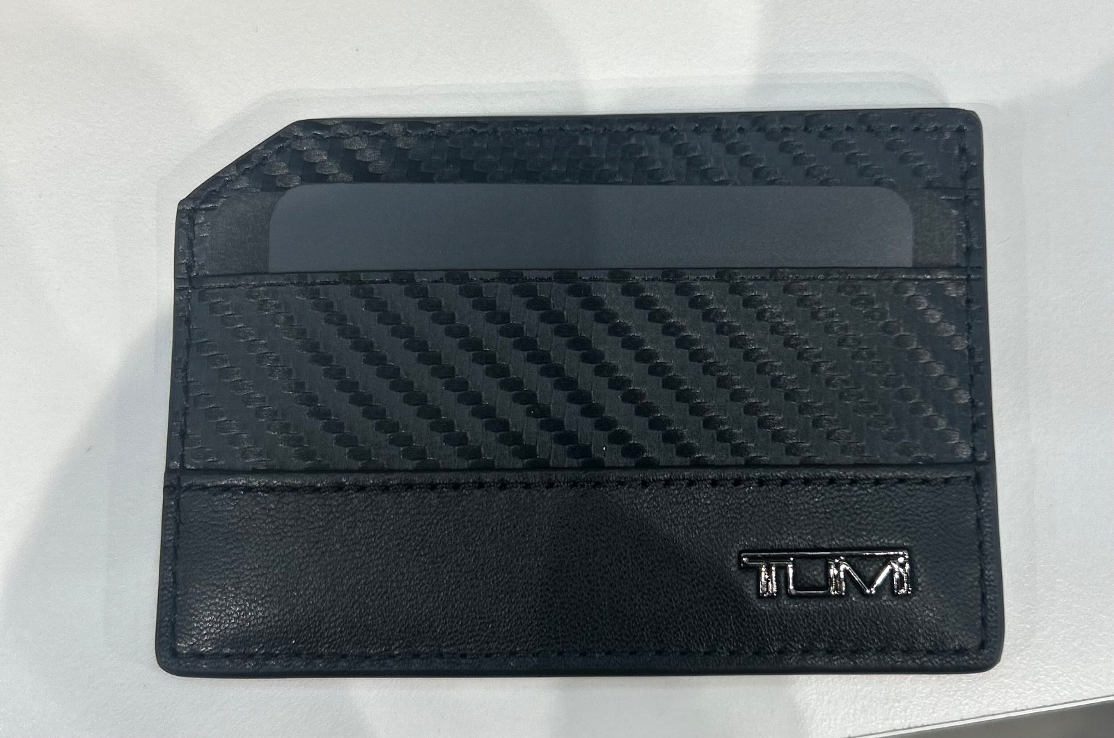NEW Tumi Slim Card Case with ID Window - Wallet - CARBON FIBER & BLACK LEATHER