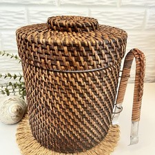 Wicker Woven Rattan Ice Bucket and Tongs Tiki Cocktail Beach Party Barware