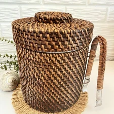 Wicker Woven Rattan Ice Bucket and Tongs Tiki Cocktail Beach Party Barware