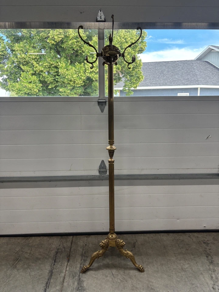 Vintage Italian Solid Brass Revolving Coat Rack/ Hall Tree w/ Lion Head Feet - Image 2 of 4
