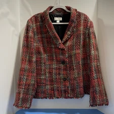C.J. Banks Red Green Blue Plaid Shirred Tweed Long Sleeve Blazer Women’s Sz. 1X