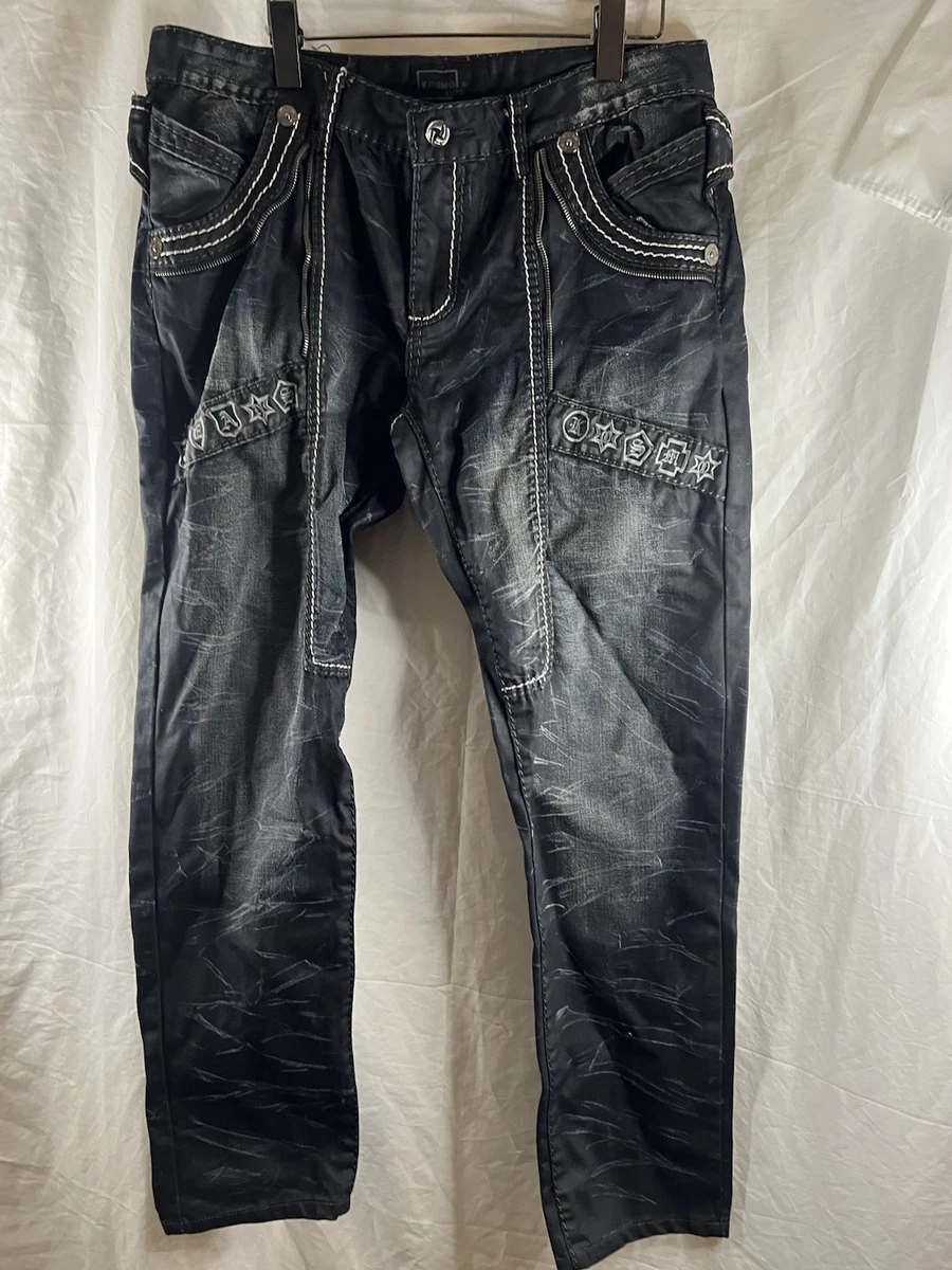 Jeans K & M Kosmo Lupo Brodé Vintage - Taille 44, Skinny, Bleu Délavé, Collection Exceptionnelle