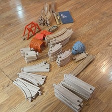 76pc Wooden Train Track Lot Curved  Straight Switch Pieces Bridge Tunnel