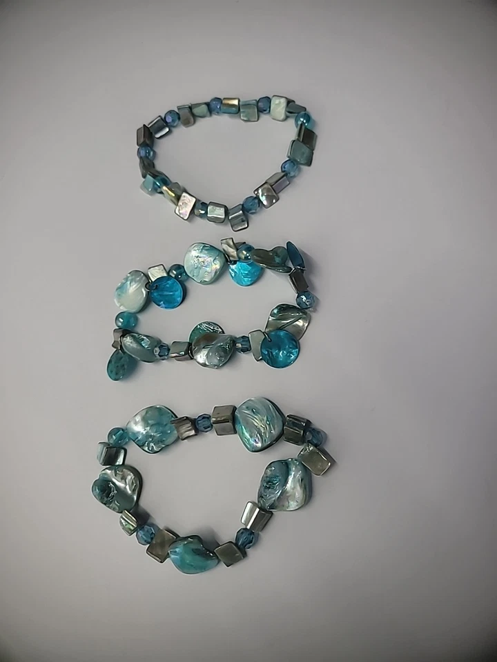 Pulsera Brazalete Vintage Cuentas Concha Azul Iridiscente Lote de 3 Joyería Disfraz Foto 4 de 4