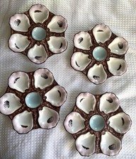 4~Antique French LIMOGES (?) PORCELAIN OYSTER PLATE 6 WELL TURQUOISE CENTER- 756
