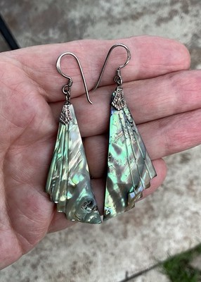Vintage Sterling Silver and Abalone Fan Wings Dangle Drop Earrings Fairy Deco