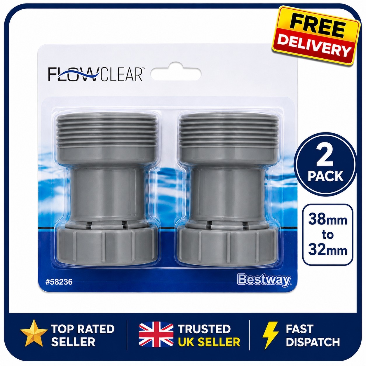 Bestway Flowclear 58236 Pool Hose Adapters 38mm to 32mm Pump Connector Pack 2