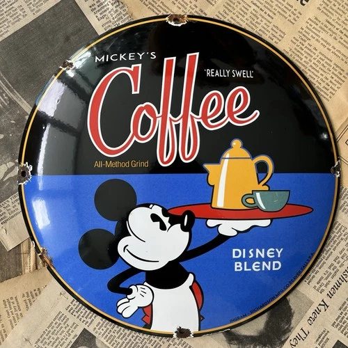 VINTAGE MICKEY’S COFFEE DISNEY BLEND 12 INCH CONVEX PORCELAIN ENAMEL SIGN