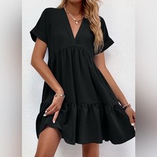 SHEIN Black Chiffon Ruffle Hem Dress – Short Sleeve V-Neck A-Line, Sizes Small