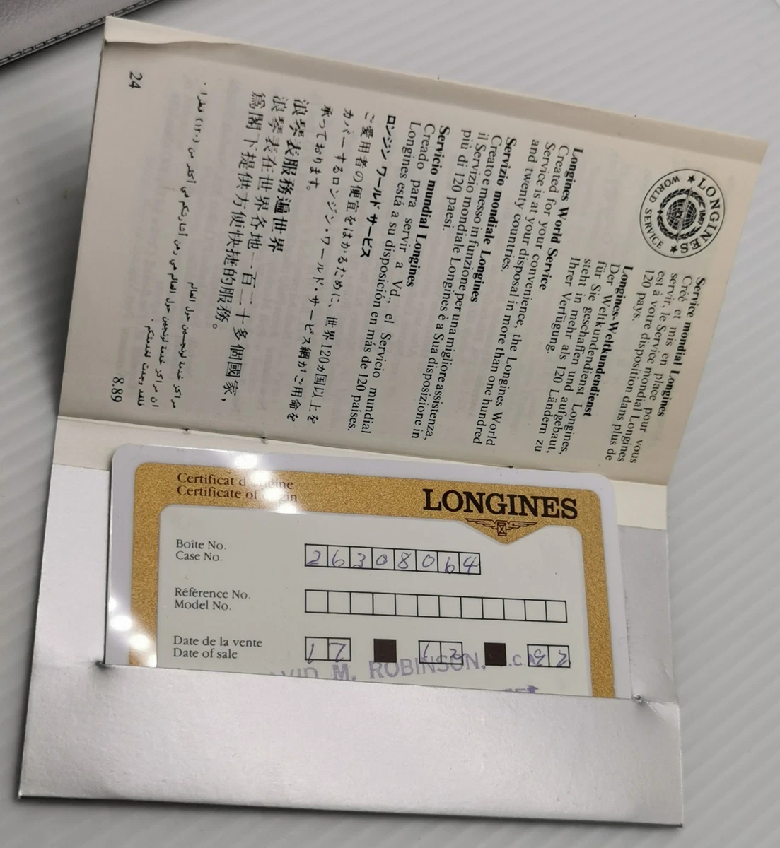 Tarjeta de garantía Longines 1992 de colección, folleto de instrucciones de servicio y funda