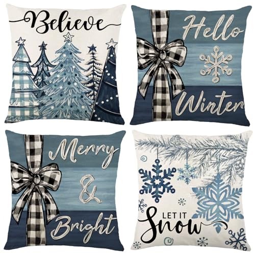 4PCS Christmas Throw Pillow Covers 18x18 Inch, Blue Snowflake Blue and White