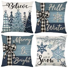 4PCS Christmas Throw Pillow Covers 18x18 Inch, Blue Snowflake Blue and White