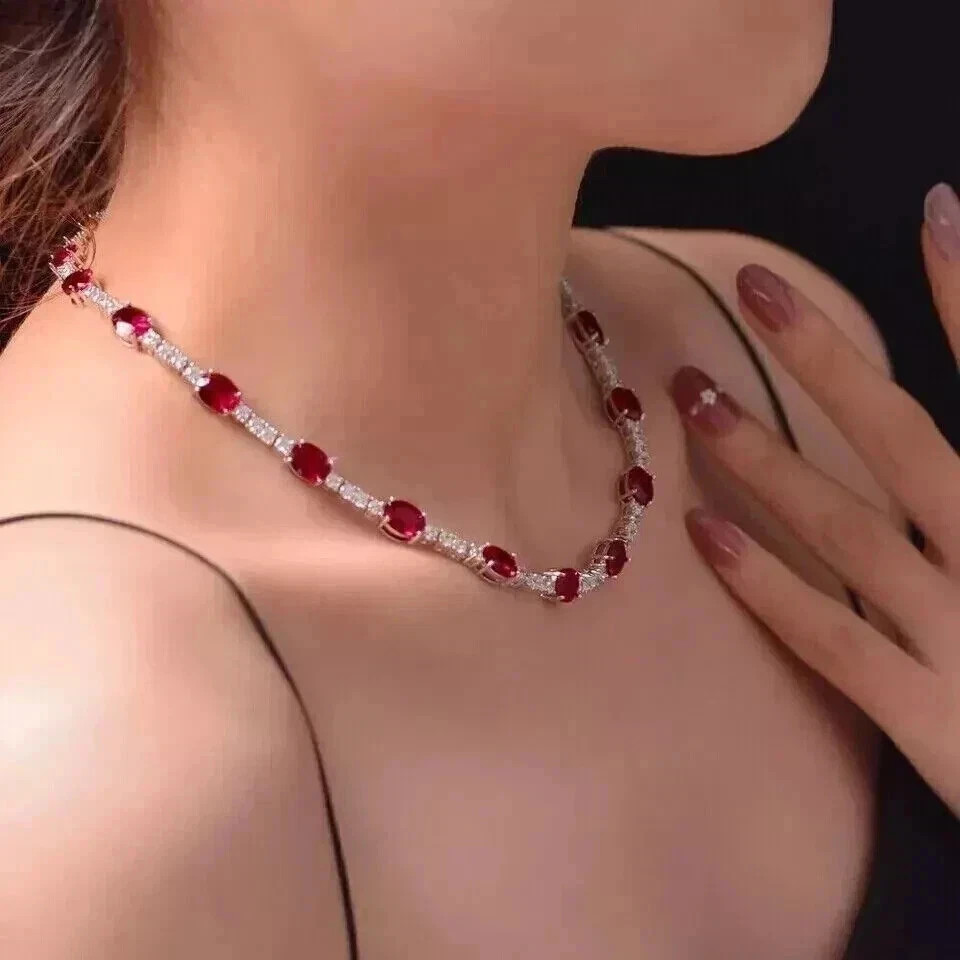 11 克拉椭圆形切割实验室红色红宝石女式网球项链 14K 白金饰面 — 第 3/4 张图片